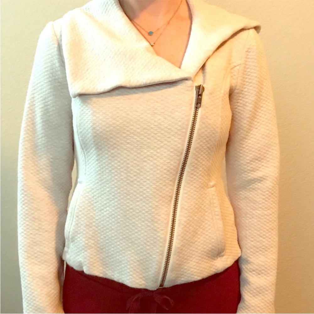 CAbi Ivory Quilted Asymmetrical Zip Bomber Jacket